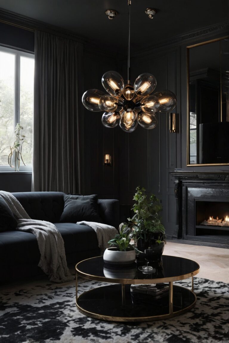 living room decor, black couches, modern furniture, classy interior design, elegant home accessories