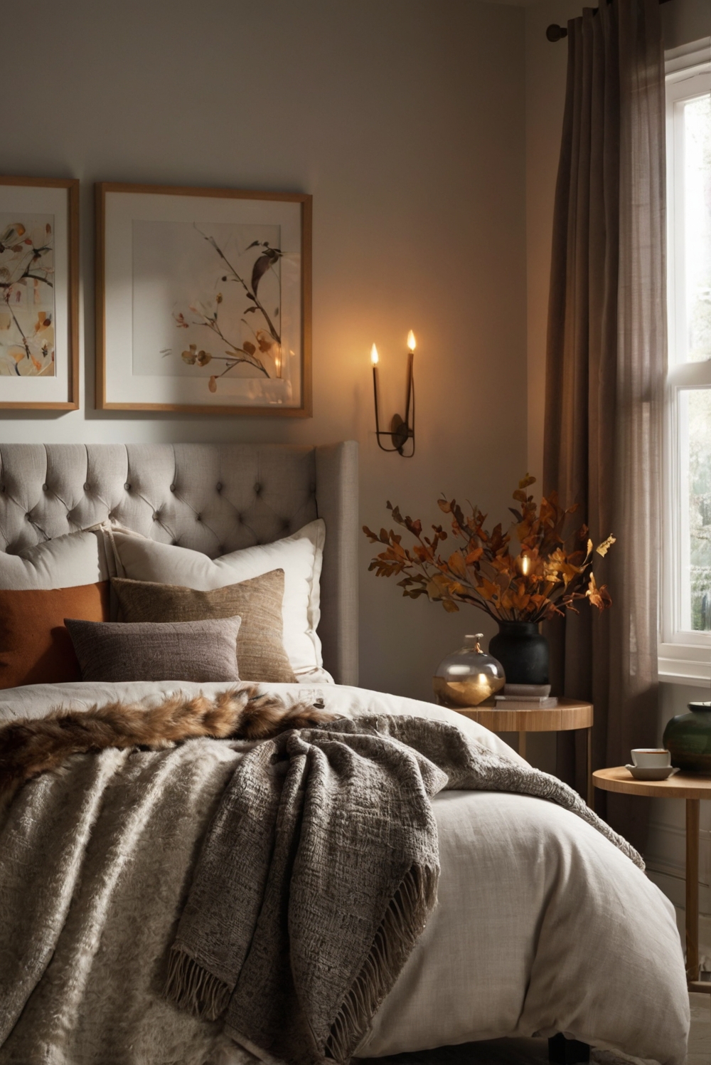 Stylish bedroom decor ideas, Luxurious bedding options, Cozy fall bedroom inspiration, Chic seasonal bedroom decor, Designer bedroom furniture.