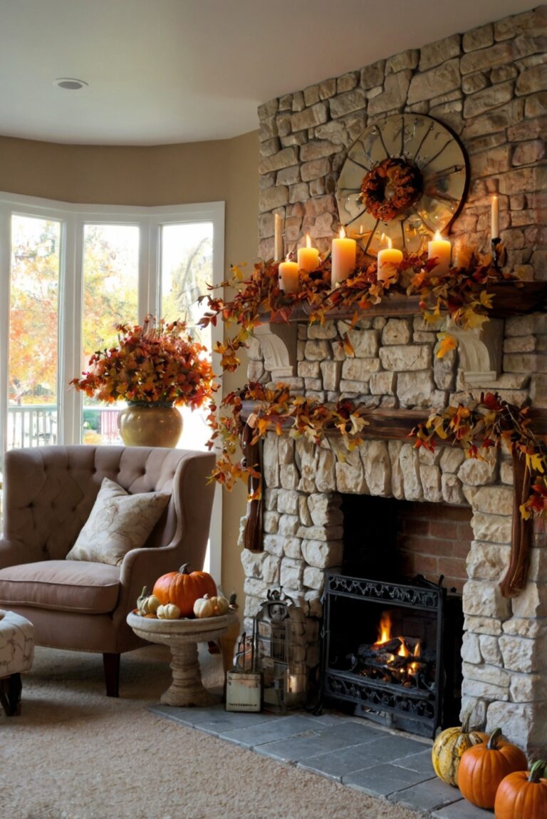 Fall fireplace decor, fireplace mantel ideas, autumn fireplace decorations, fireplace design inspiration, cozy fall home decor