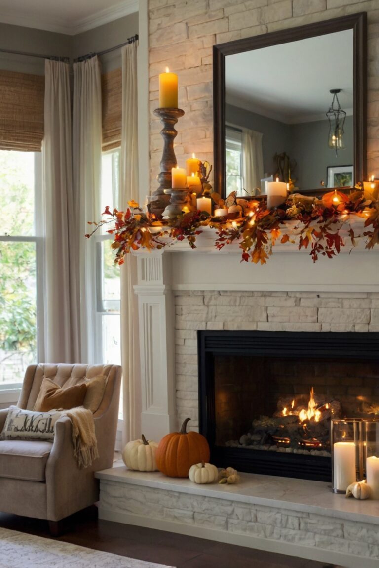 fall mantle decor, autumn mantle styling, cozy fireplace decorations, elegant living room upgrades, modern hearth design