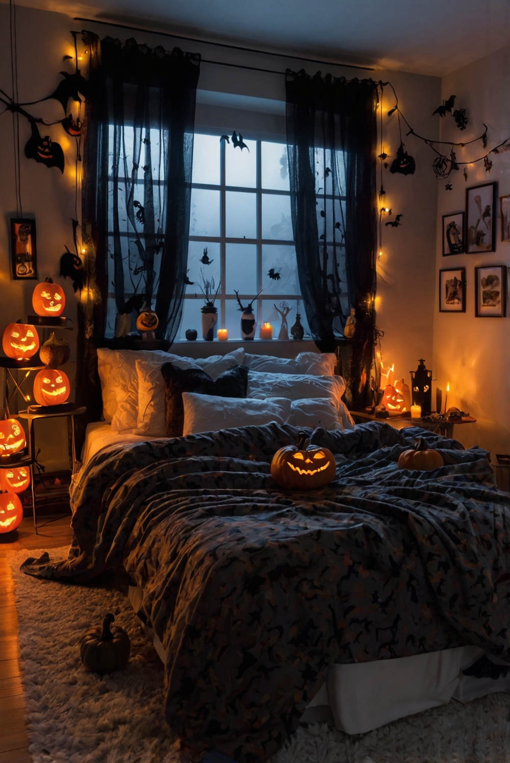 Halloween bedroom decor, spooky bedroom ideas, haunted bedroom theme, creepy room decorations, ghostly bedroom design