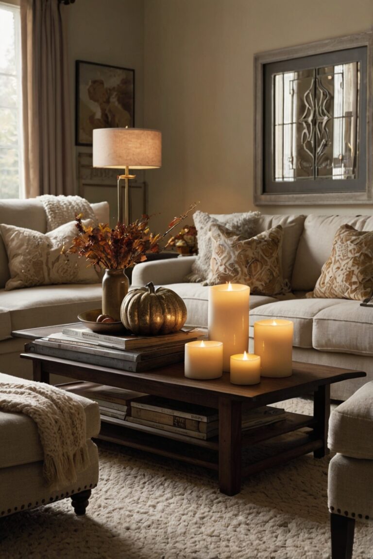 Fall home decor, Autumn living room, Cozy interior design, Elegant fall decorations, Seasonal home accents