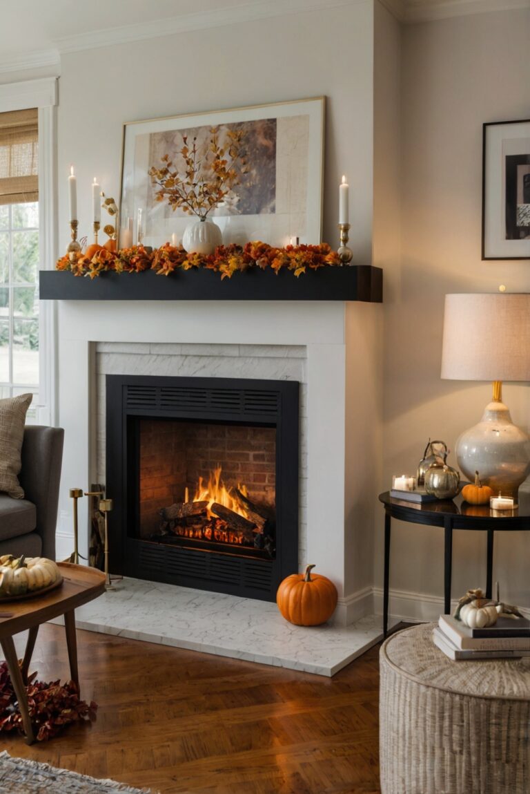 Fall fireplace decor, Elegant fireplace mantel decor, Cozy autumn hearth ideas, Rustic firewood display, Chic fall fireplace arrangement